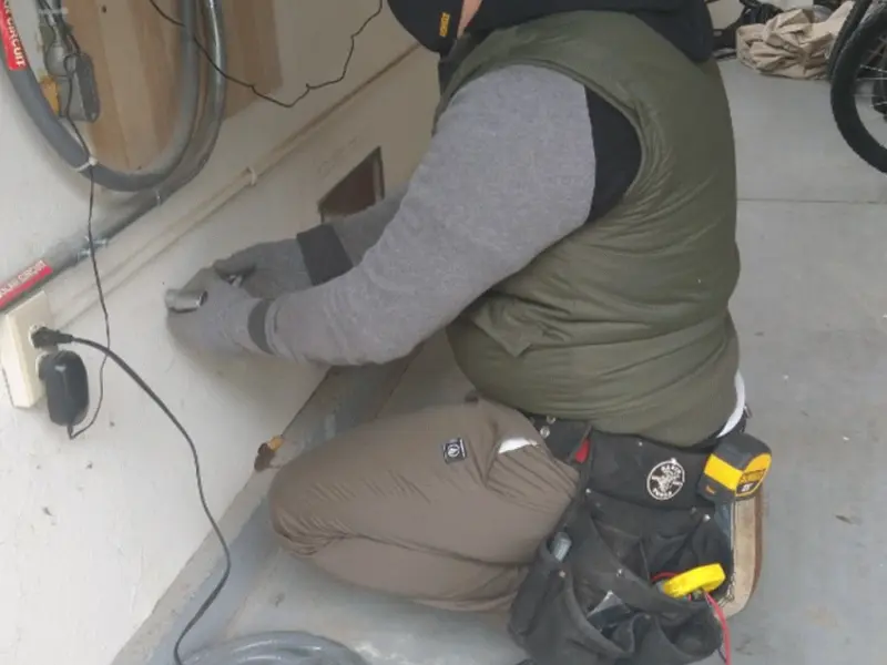 Electrician performing outlet wiring in a Port Washington North garage